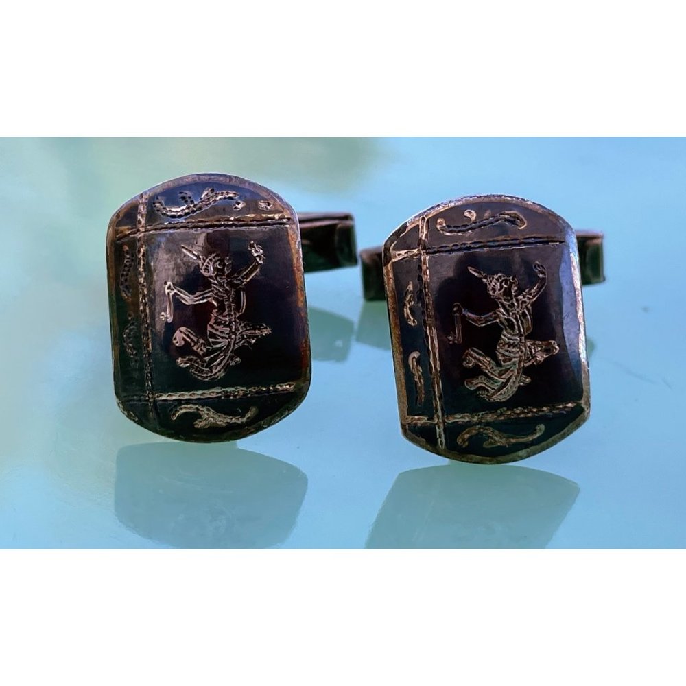Vintage Siam Sterling Silver Mens Cufflinks Nielloware Dancer